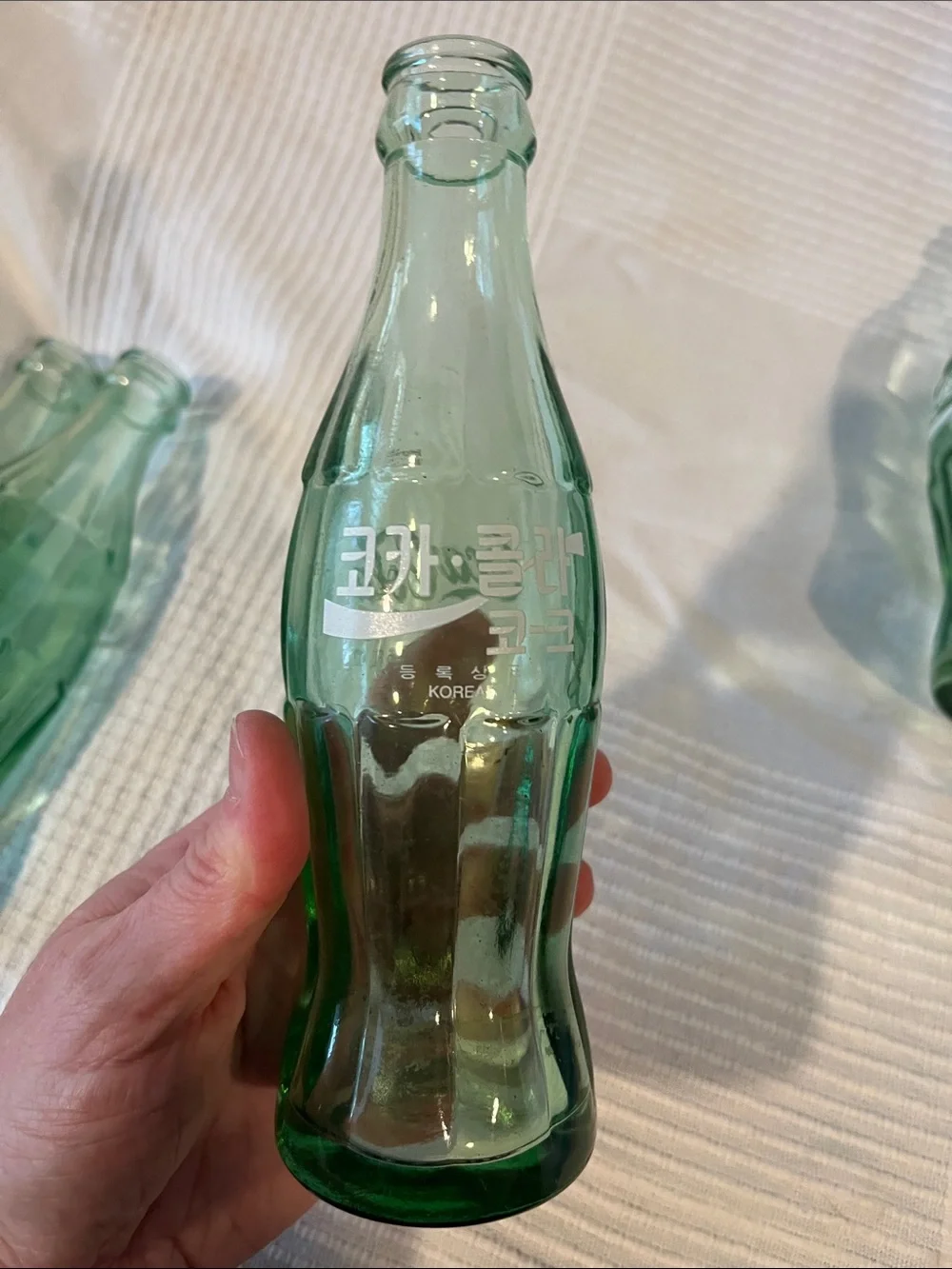 Coca Cola light green glass bottles - set of 4 Korea, Pakistan, Bangladesh